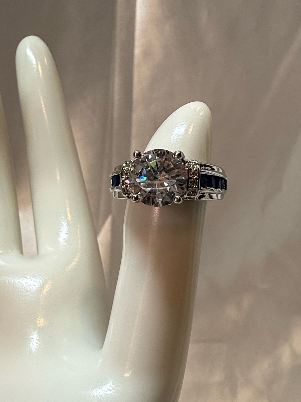 925 Sterling Silver Moissanite Round Solitaire Blue Accent Ring Size 6